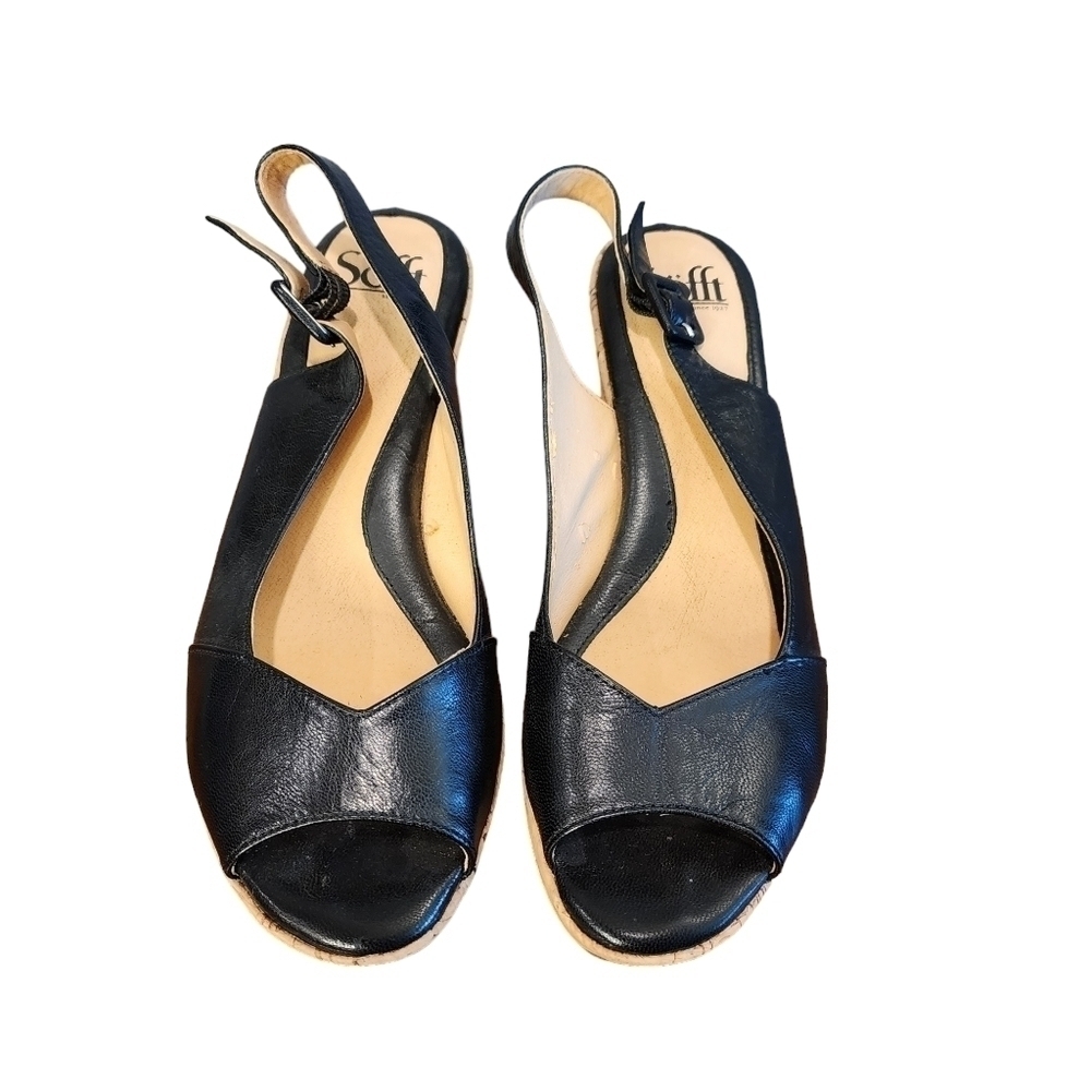 Sofft Womens Black Leather Open Toe Wedge Heels Size 7.5 7 1/2 Sling Back